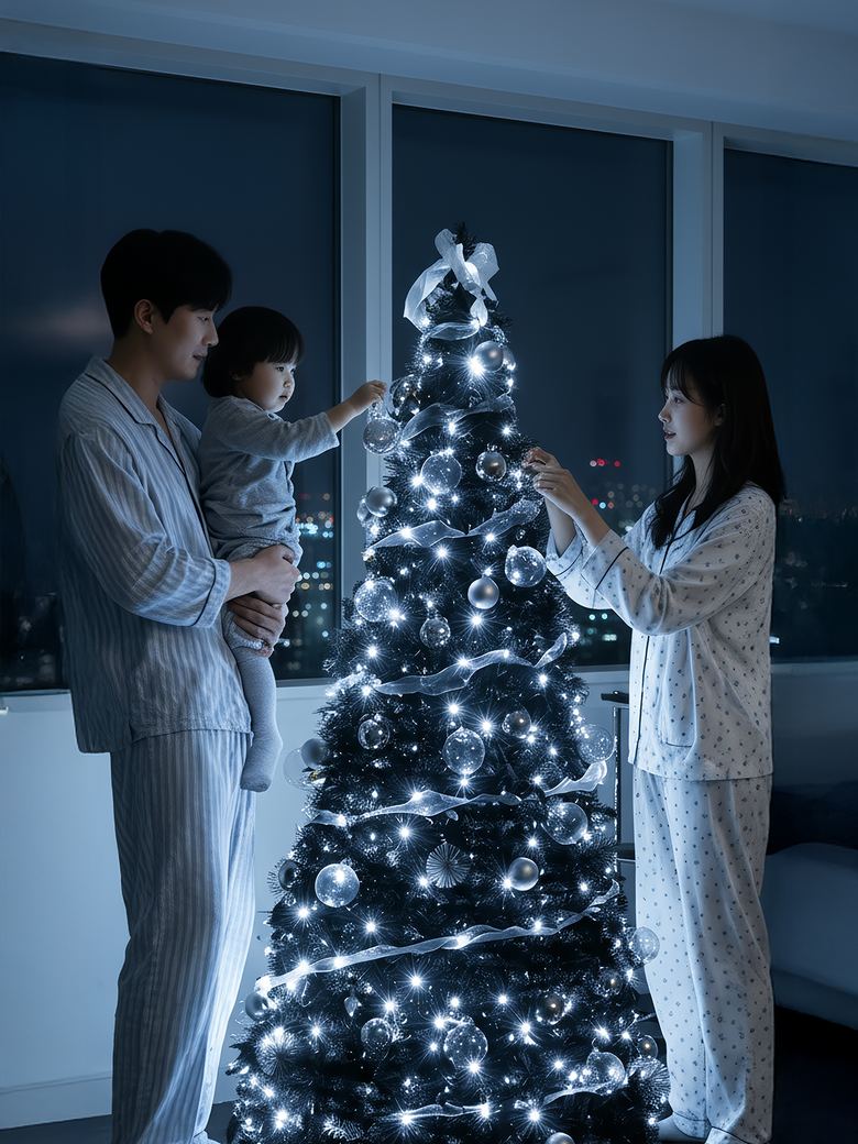 밤 거실에서 가족이 함께 원터치 블랙트리를 장식하는 모습